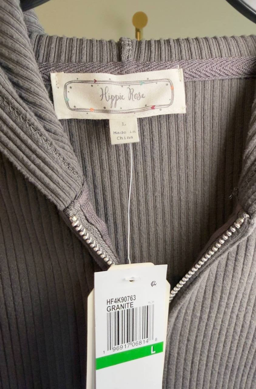 Hippie Rose Ribbed Cropped Zip‑Up Hoodie Granite L NWT $58