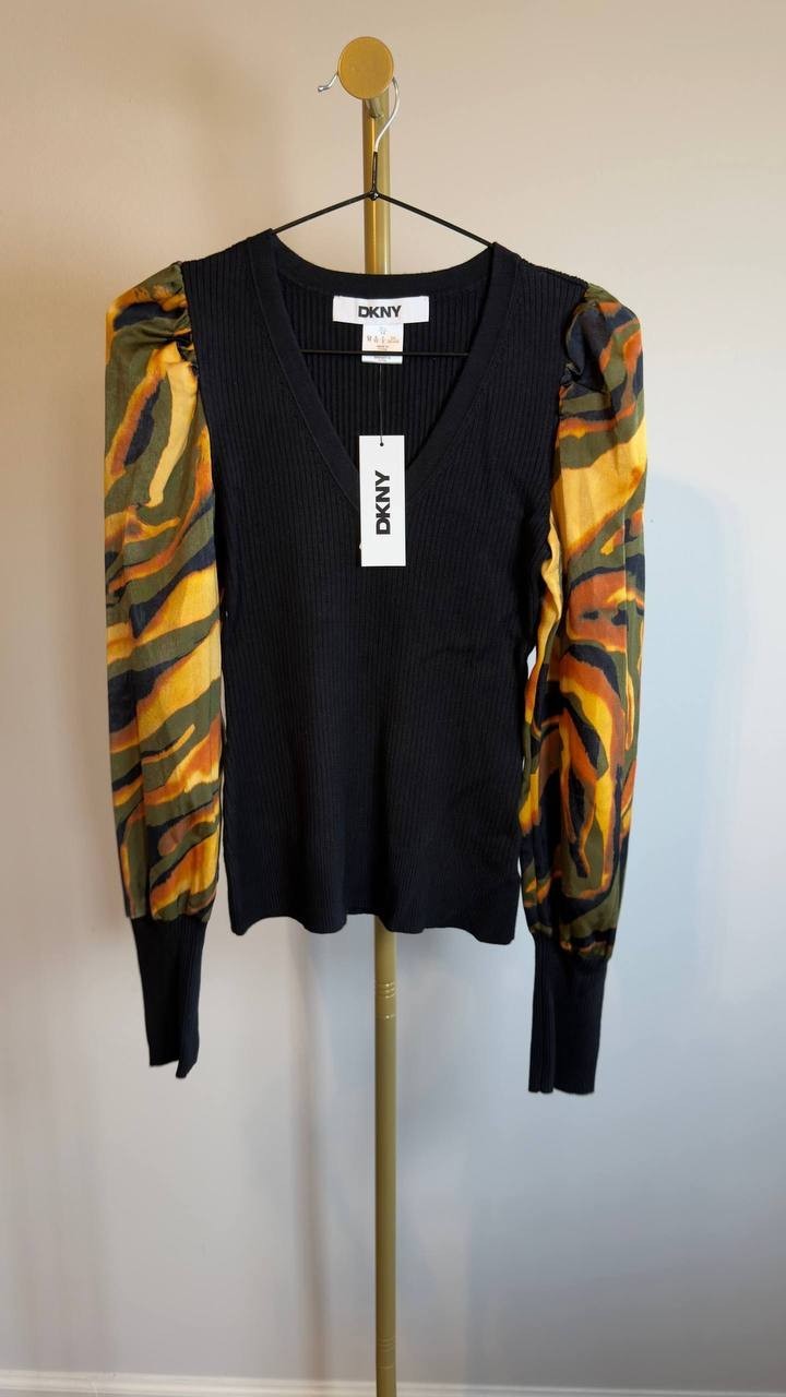 DKNY Rib Puff Shoulder Sweater Black Urban Tiger XS NWT $89