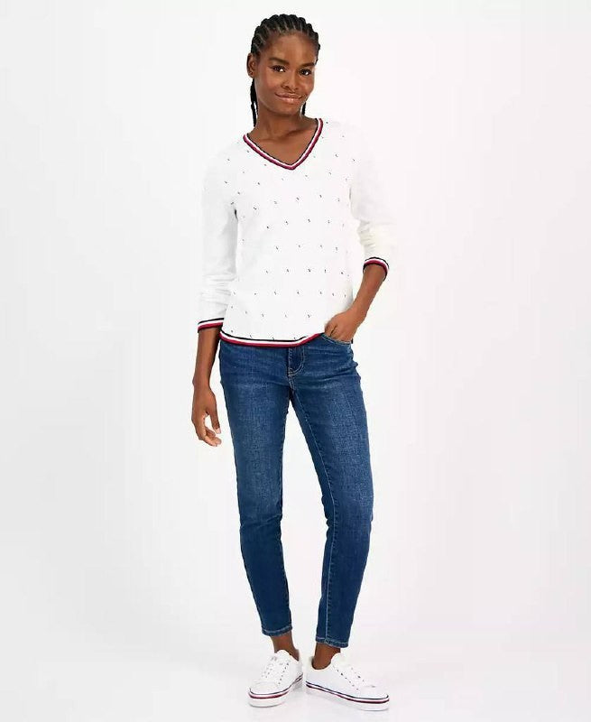 Tommy Hilfiger Cotton Hotfix V‑Neck Sweater White XXL Good Condition msrp$69.50