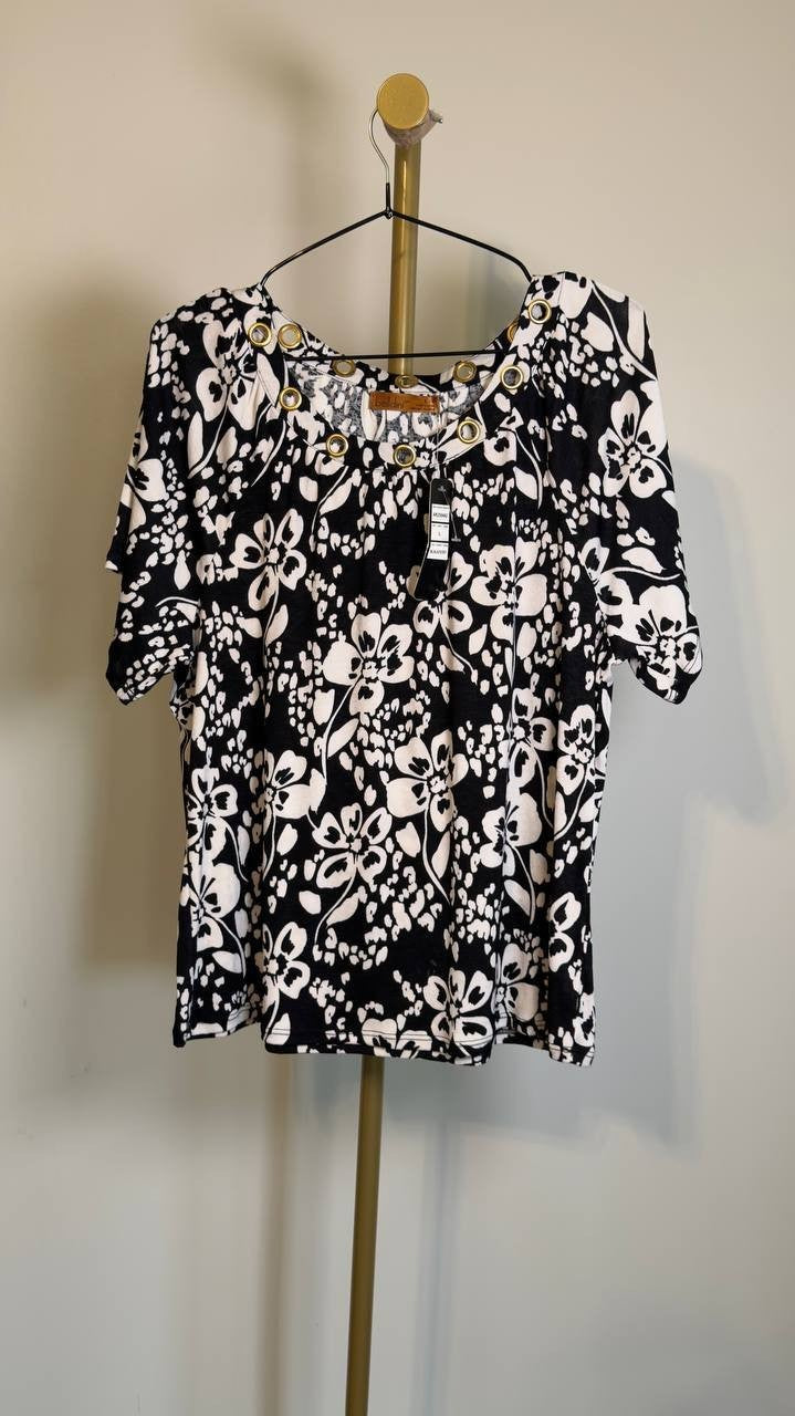 Belldini Grommet Detail Floral Raglan Knit Top Black Combo L NWT $49