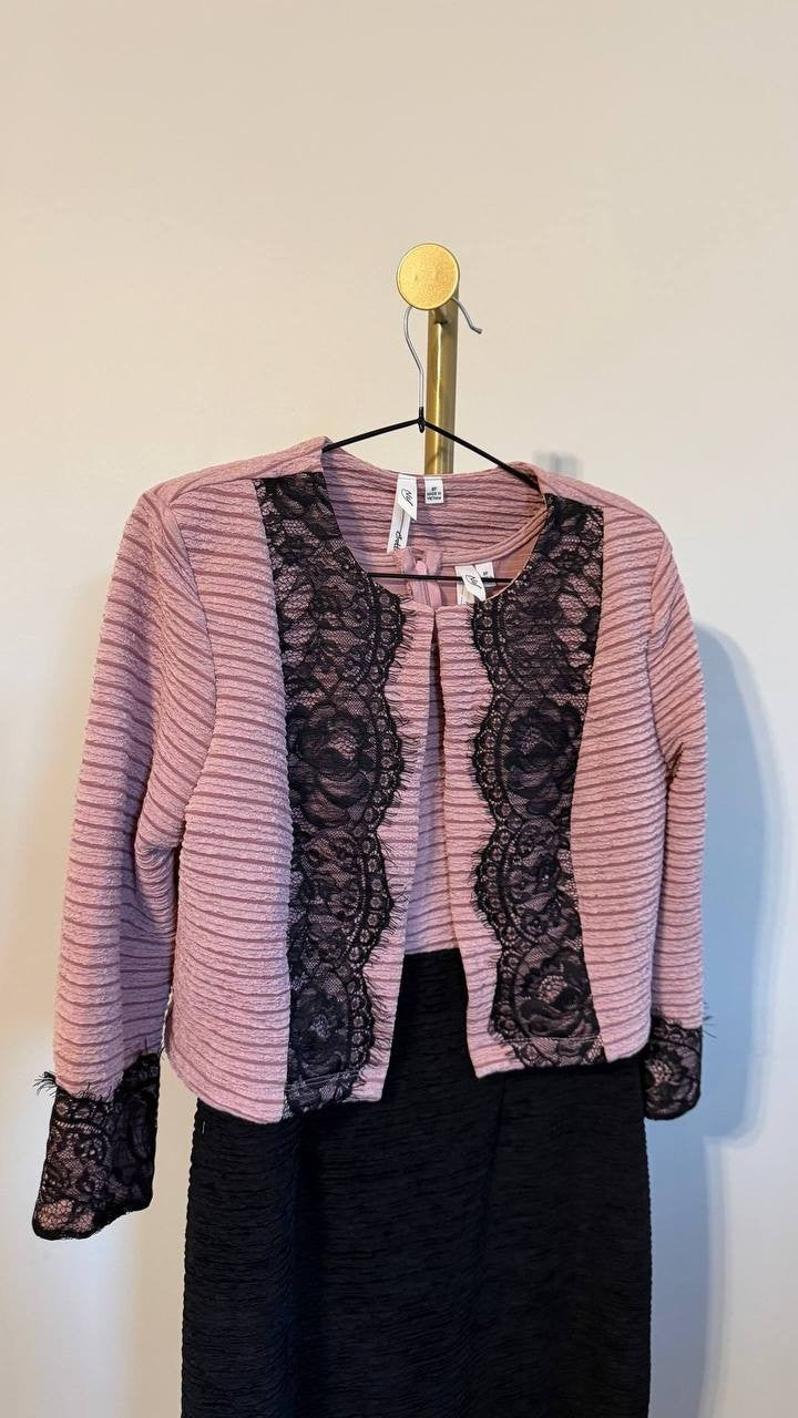 NY Collection Petite Lace‑Detail 2‑Piece Dress Set Blush Black 8P $62 NWT