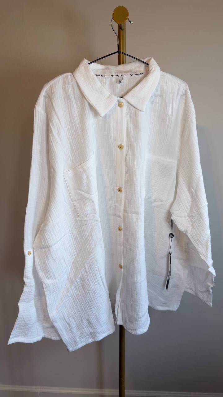 White Mark Plus Size Long Sleeve Button Down Cotton Gauze Shirt White 3X NWT $92