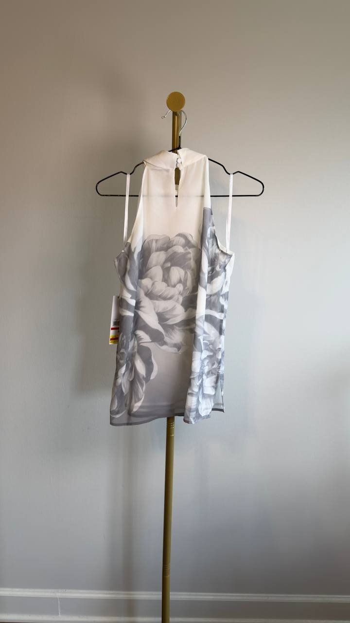 Calvin Klein Sleeveless Mock Neck Keyhole Blouse XS White Floral NWT $69