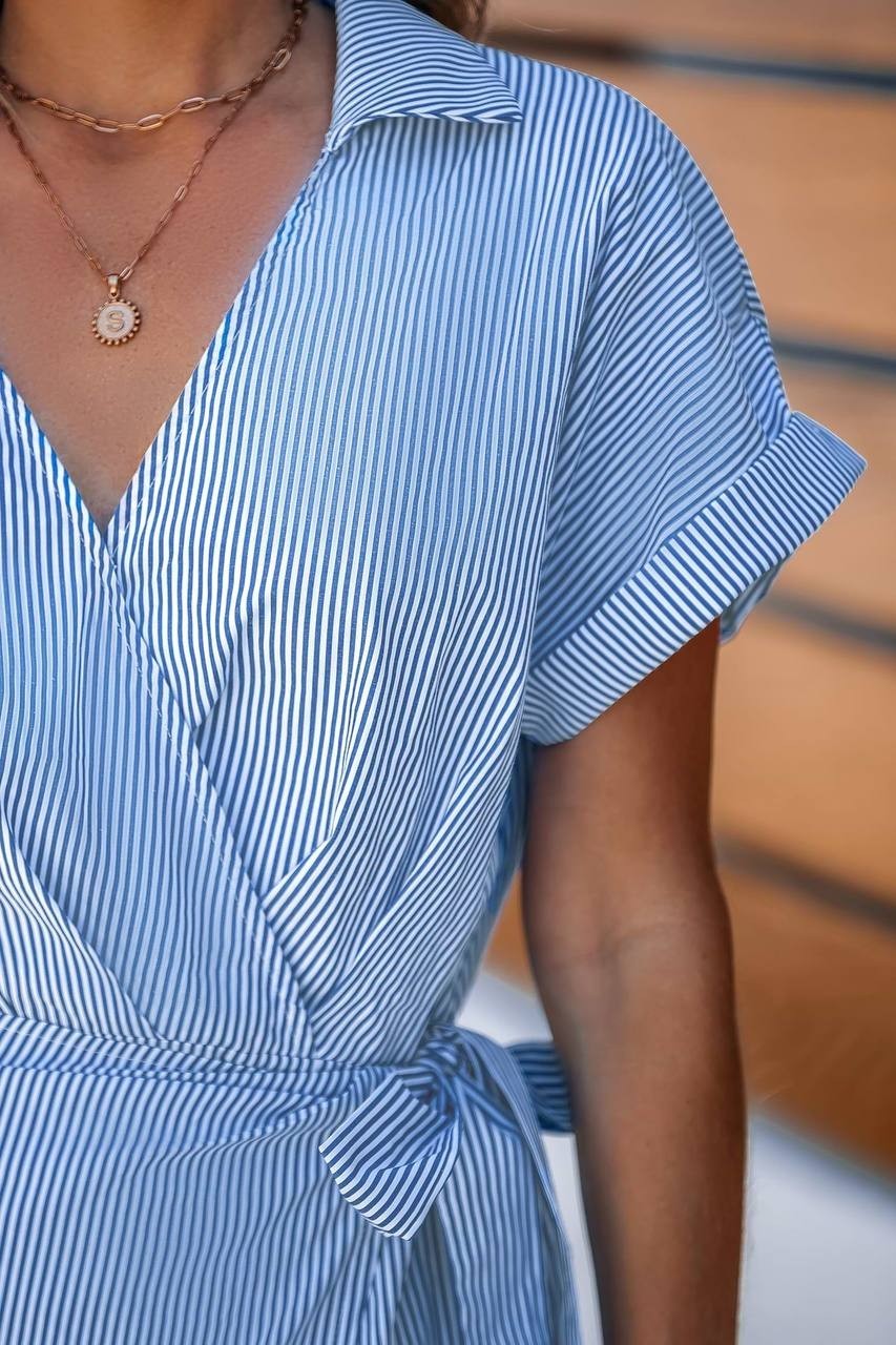 Cupshe Blue Pin‑Stripe Collared Wrap Midi Dress Size S NWT Summer msrp$50.99