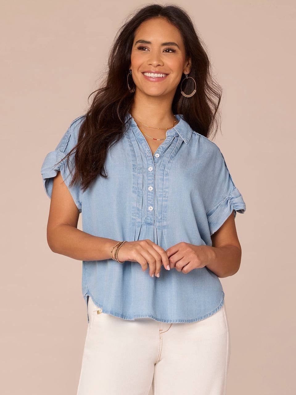 Democracy Ruched Short‑Sleeve Collar Button‑Down Pleated Petite Shirt – PXL –NWT