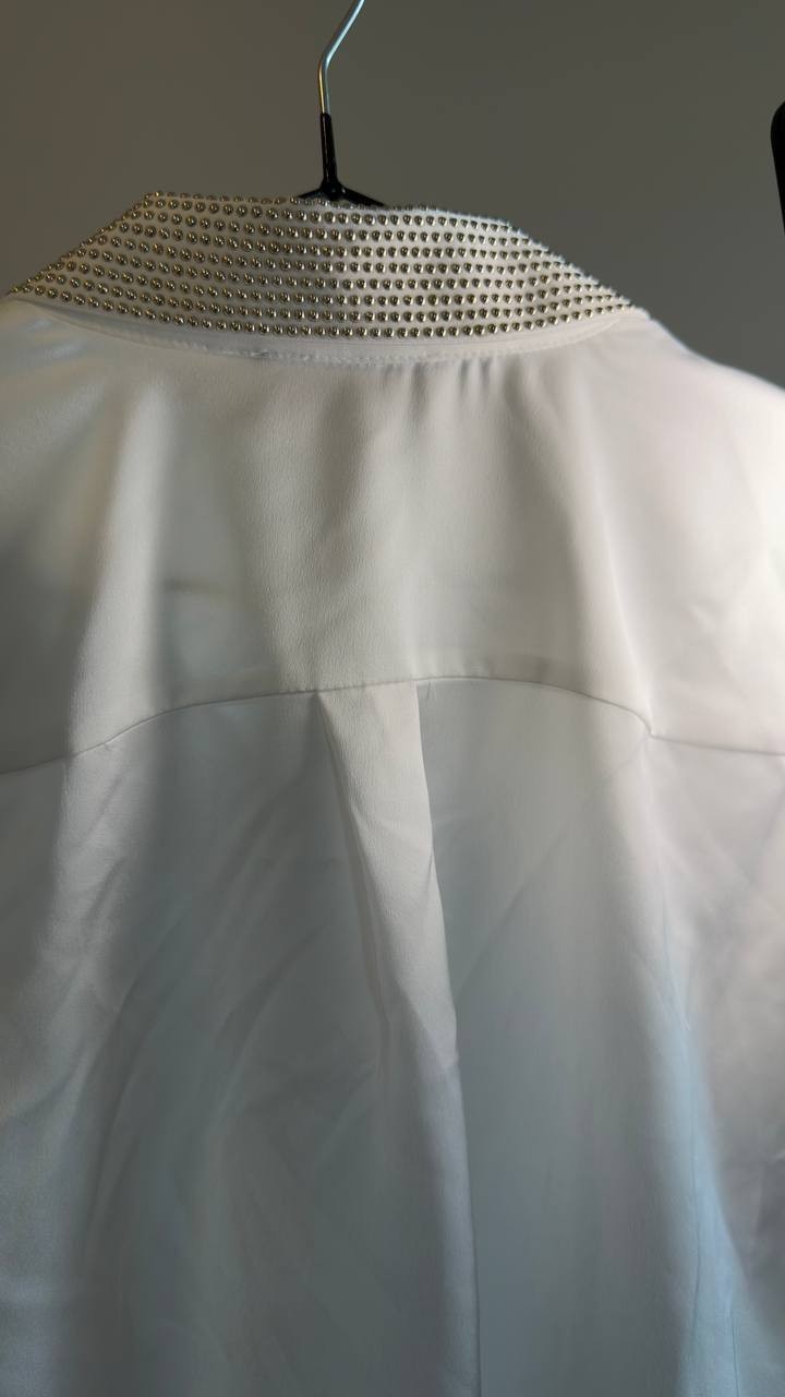 Karl Lagerfeld Paris Beaded Satin Stud Blouse Soft White M NWT $109