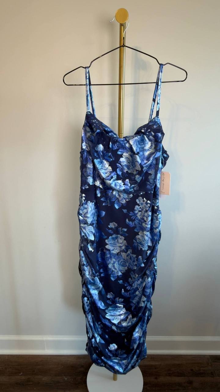 City Studios Plus Cowl‑Neck Foiled Floral Ruched Dress Navy/Royal 2XP NWT $79