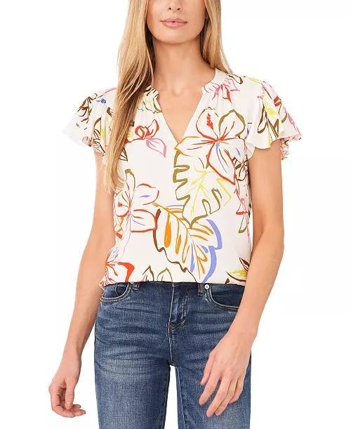 CeCe Tropical Print V‑Neck Flutter Sleeve Blouse – Size L – NWT – $69