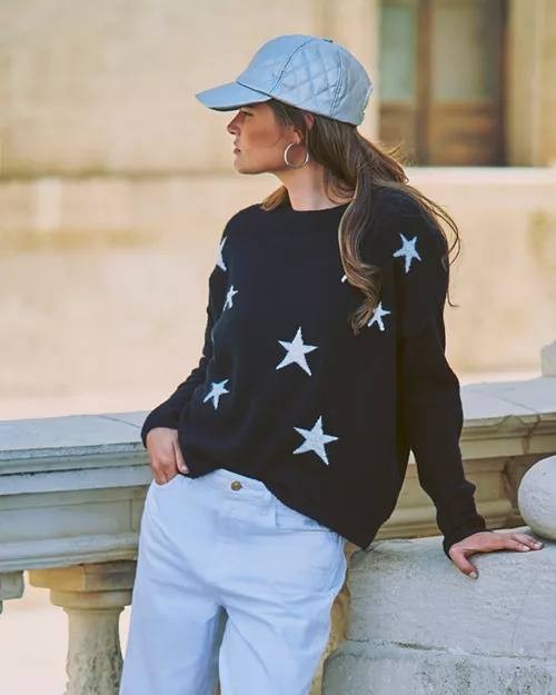 Vince Camuto Star Crewneck Sweater Black M, NWT - Intarsia Star Knit Casual