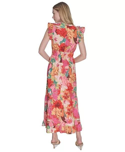Vince Camuto Floral‑Print Ruffled‑Shoulder Midi Dress Multi 2 NWT $158