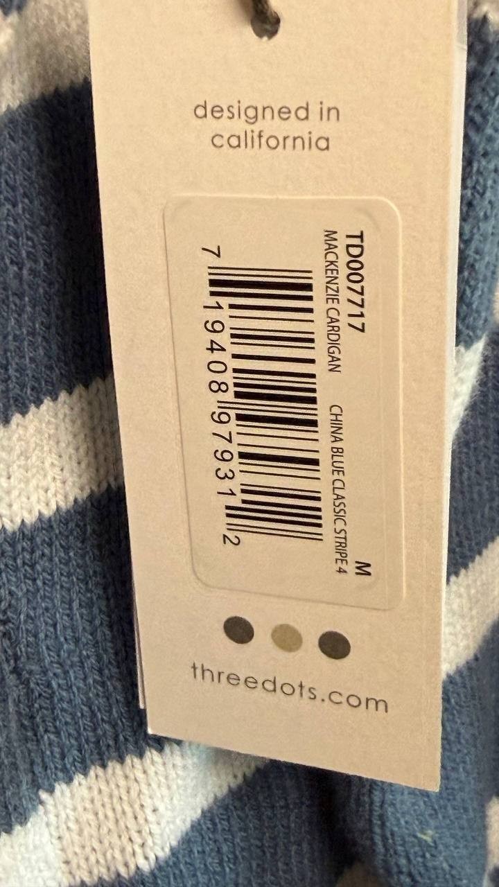 Three Dots Women’s Mackenzie Knit Button Cardigan China Blue Stripe M $49 NWT