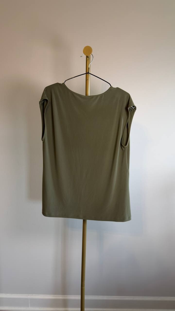 Anne Klein Lace Inset V‑Neck Top M Olive NWT $59