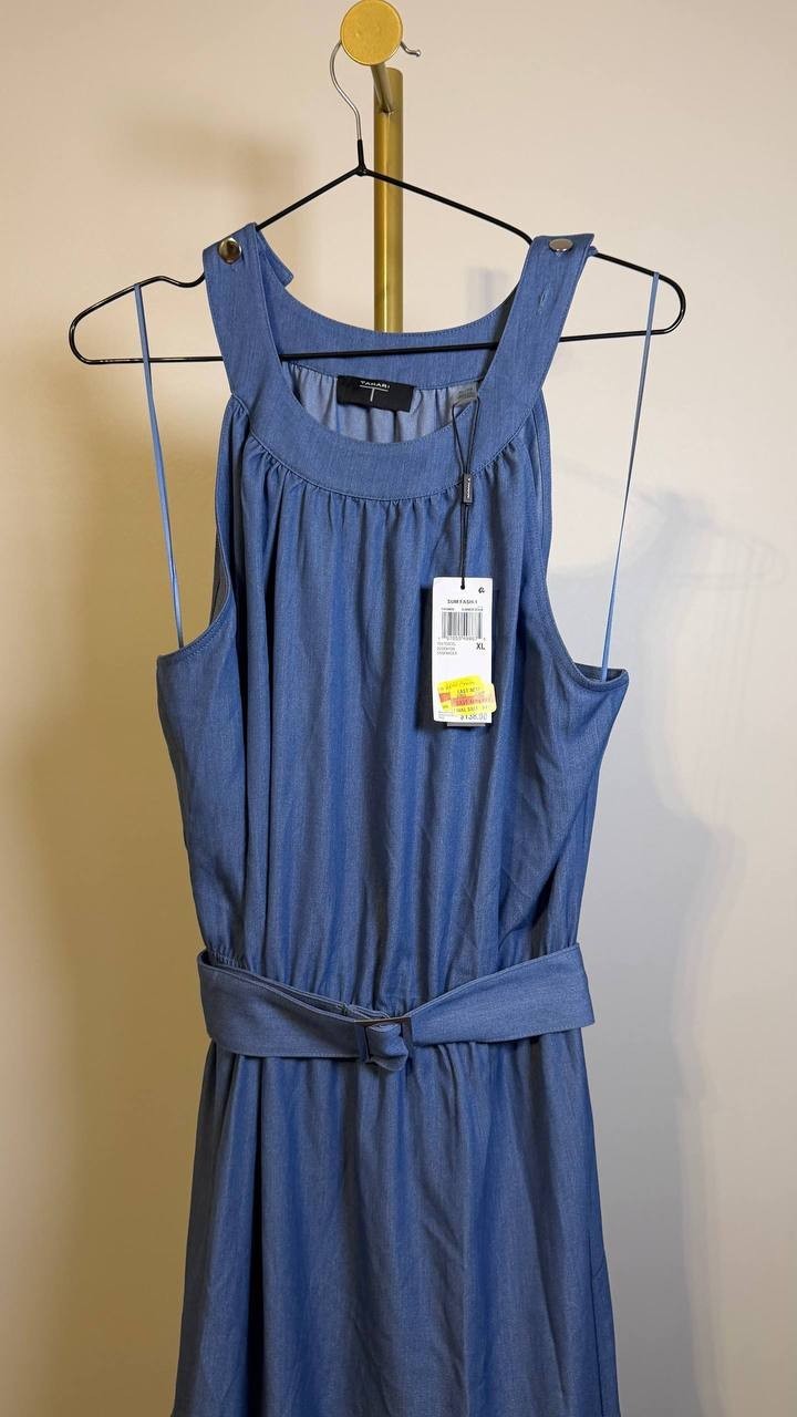 T Tahari Tiered Fit & Flare Halter Maxi Dress Blue XL $138 NWT
