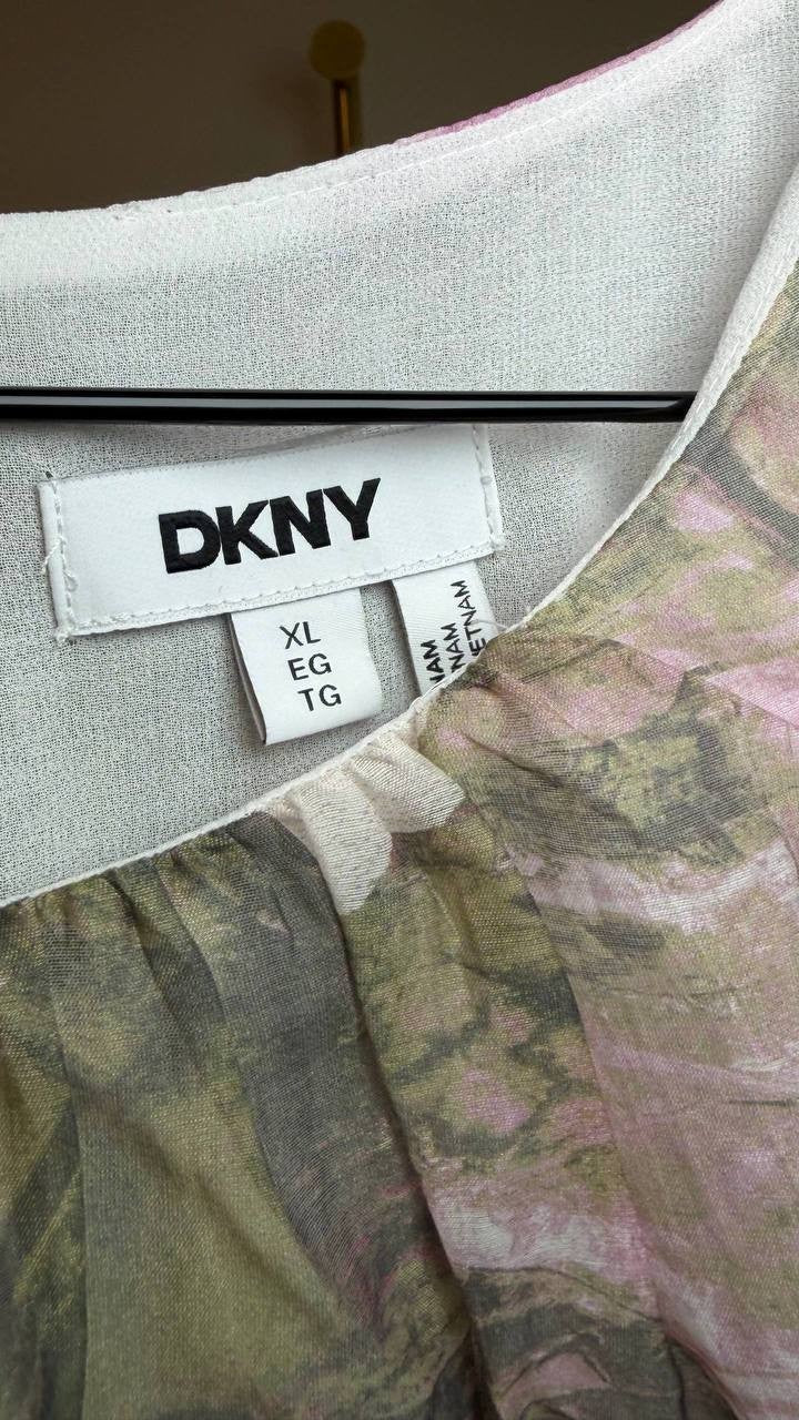 DKNY Printed Puff‑Shoulder Chiffon Blouse Abstract XL NWT $79