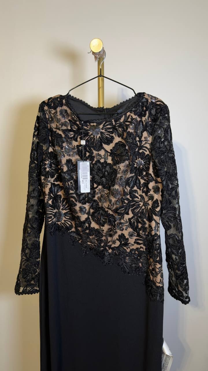 Tadashi Shoji Forena Embroidered Crepe Gown Black/Nude 14 NWT $478