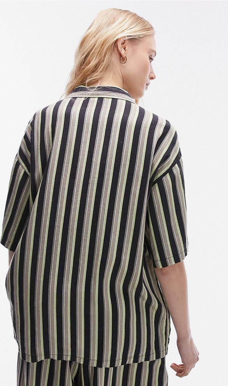 TOPSHOP Striped Linen-Blend Button-Up Shirt - Women's Short Sleeve US 4