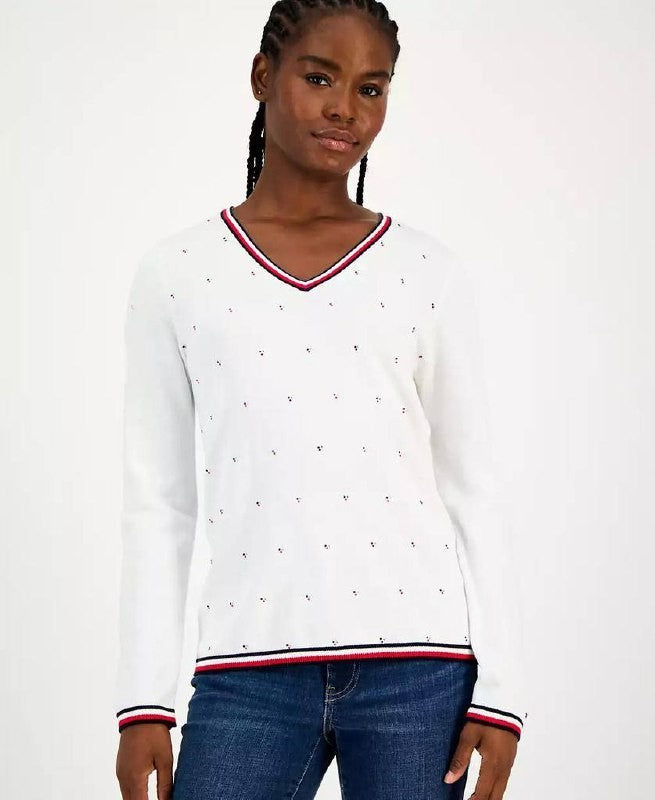 Tommy Hilfiger Cotton Hotfix V‑Neck Sweater White XXL Good Condition msrp$69.50