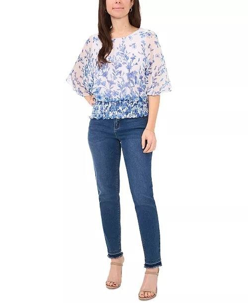 Sam &amp; Jess Petite Floral Top Smocked-Waist, 3/4 Sleeve Round Neck XS NWT