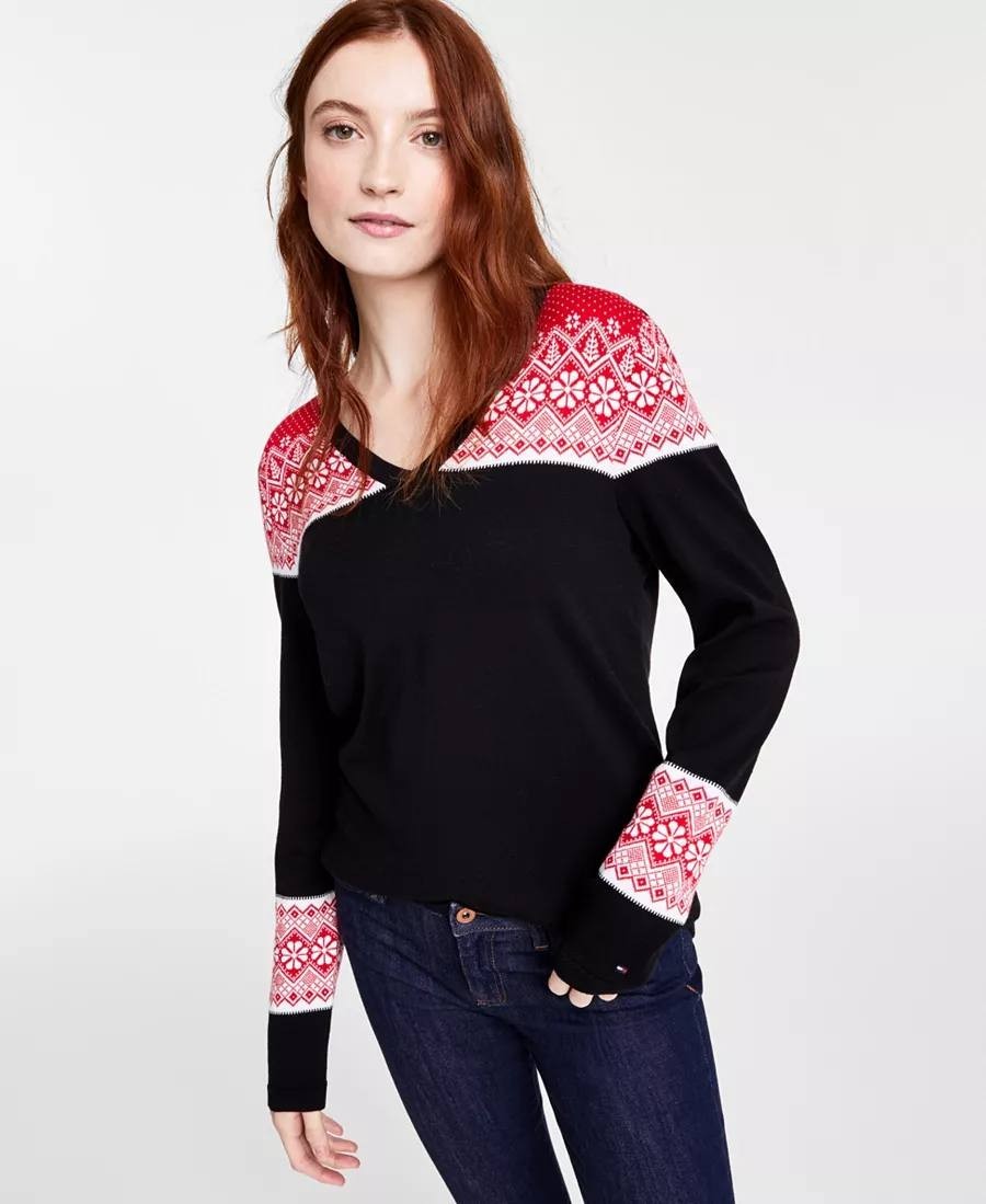 Tommy Hilfiger Cotton V‑Neck Fair Isle Sweater –Black– Size S – NWT – $69.50