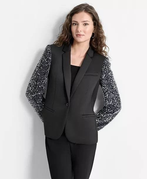 DKNY Sequinned-Sleeve Blazer – Size 6 – NWT – Black Single Button