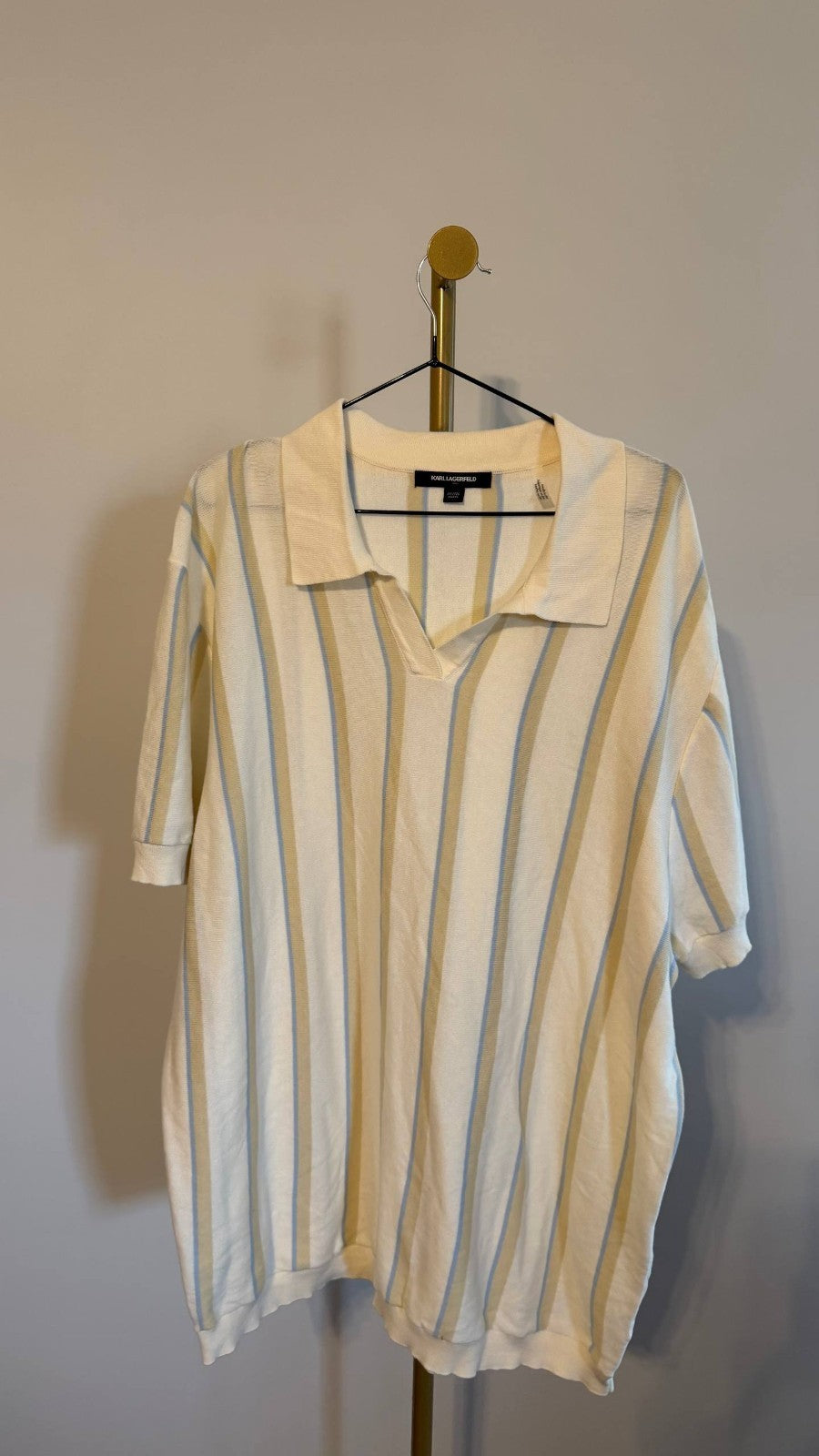 Karl Lagerfeld Paris Johnny‑Collar Stripe Polo Shirt White Striped NWT MSRP$119
