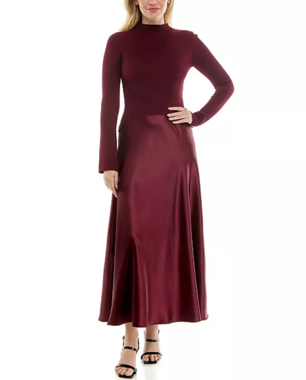 Taylor Satin Twofer A‑Line Sweater Dress Mahogany NWT Size XL – Elegant Midi