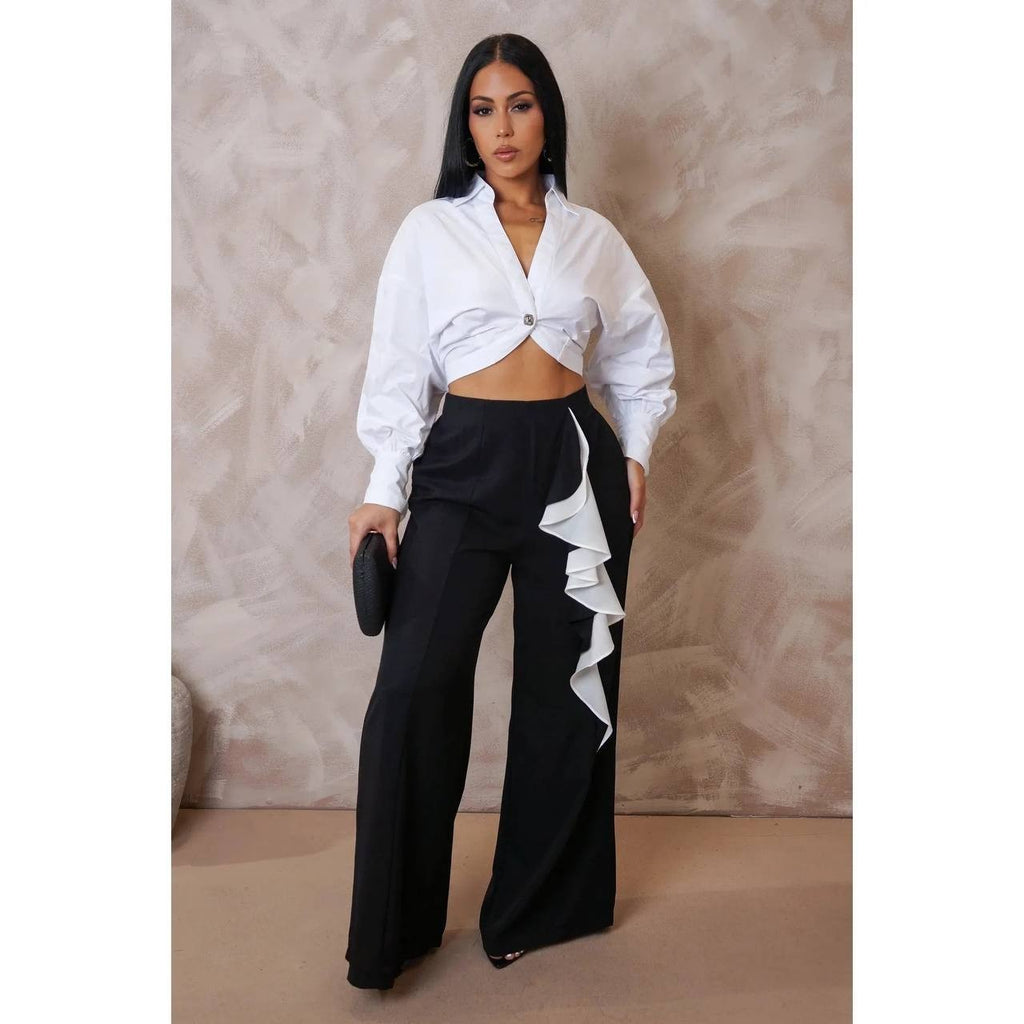BEULAHSTYLE Black Wide-Leg Pants w/ White Ruffle Size S NWT $218