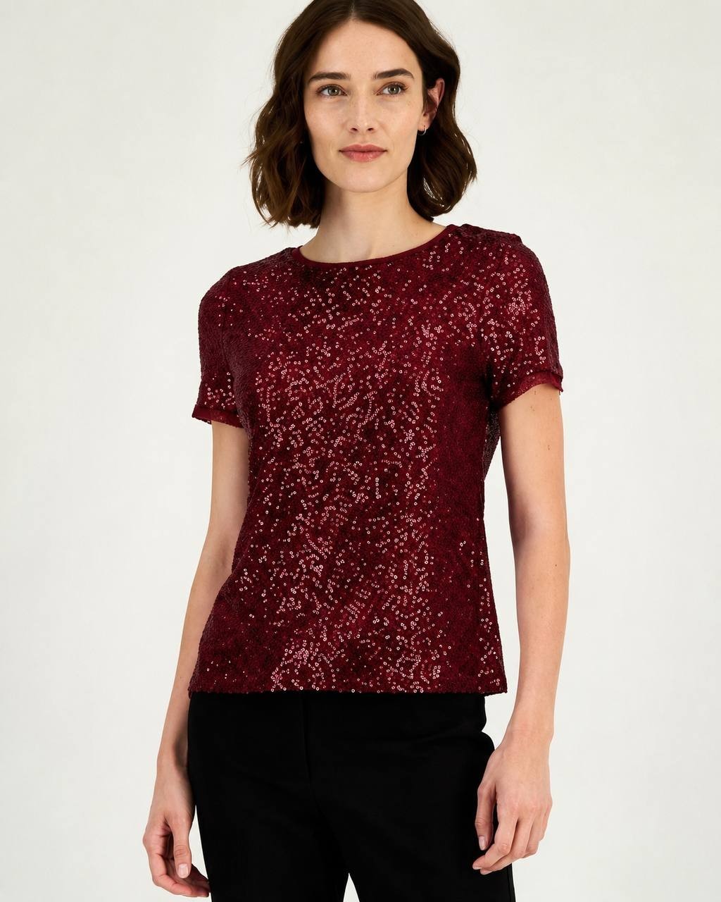 Anne Klein Short‑Sleeve Sequin Knit Top XS Cherry NWT $89