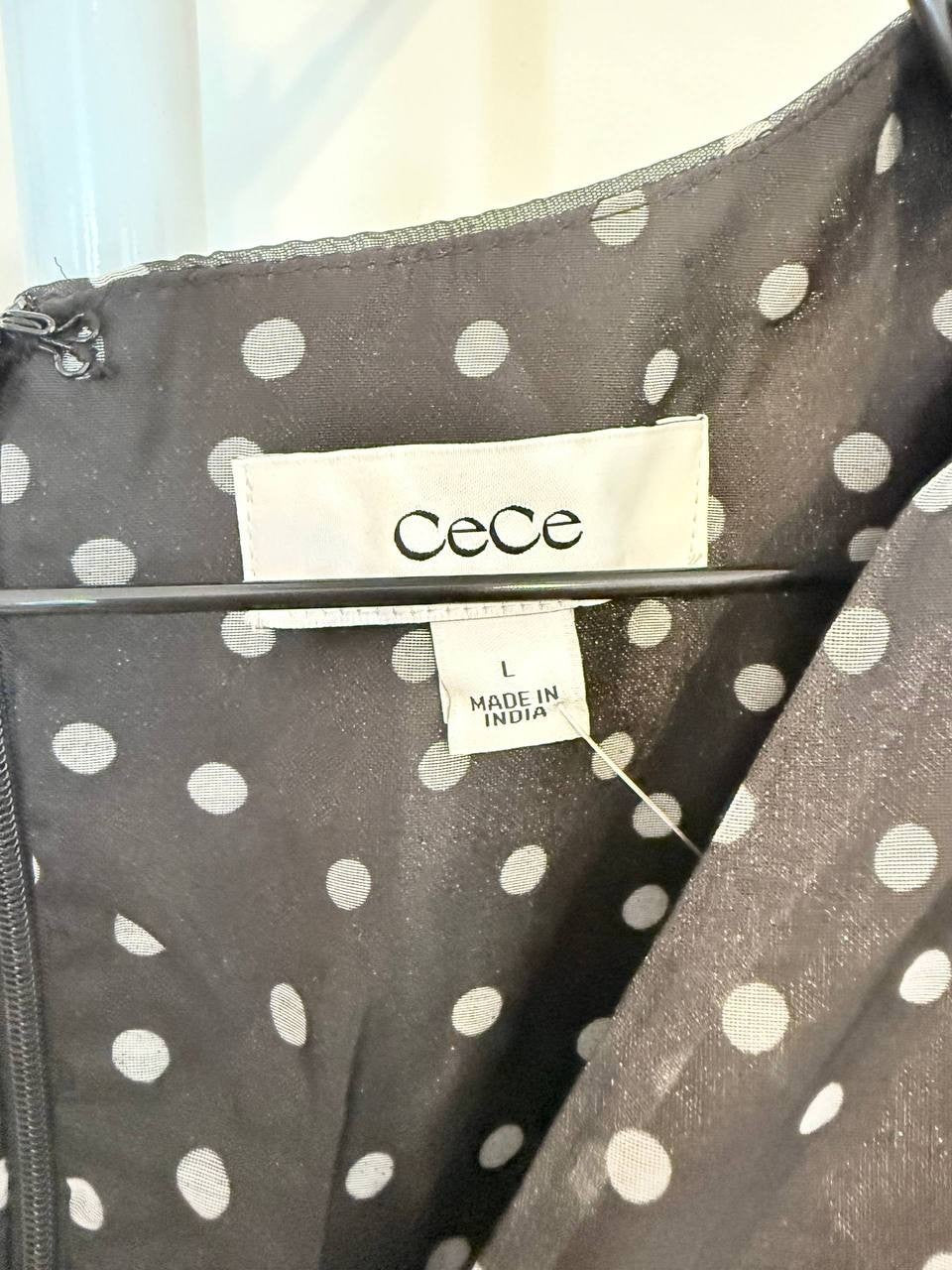 CeCe Polka‑Dot Tie‑Waist Flutter‑Sleeve Mini Dress – Black– Size L – NWOT –$119