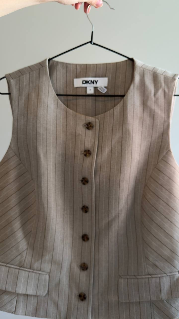 DKNY Striped Crewneck Button‑Front Vest Tan 10 NWOT $129