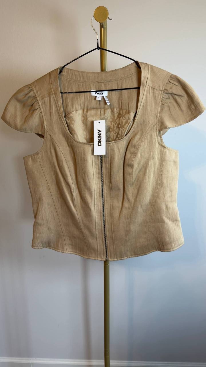 DKNY Cap Sleeve Zip Front Twill Shirt Travertine L NWT $99