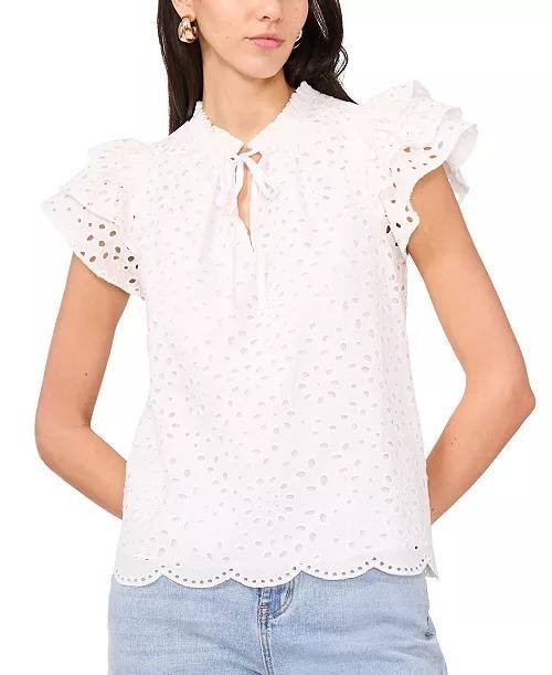 1.STATE Eyelet Flutter‑Sleeve Split‑Neck Top White XS NWT $79