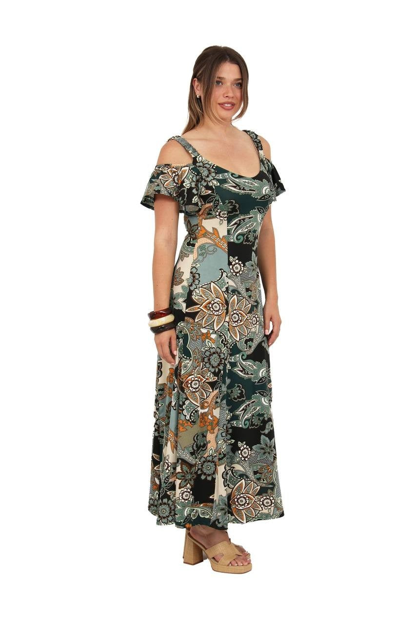 24Seven Comfort Apparel Cold Shoulder Maxi Dress Paisley Print L NWT $73