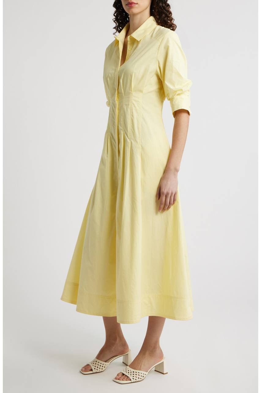 Vince Camuto Pleated Cotton Button‑Up Maxi Shirtdress Lemon Cream M NWT $139