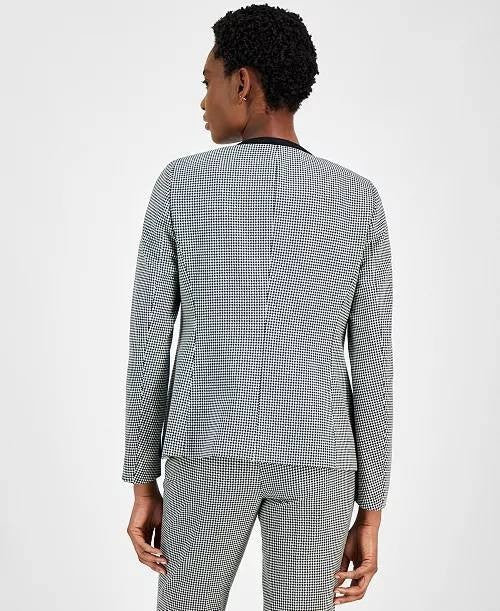 Anne Klein Jacket 8 Black White Houndstooth Collarless Braid Trim Career NWT