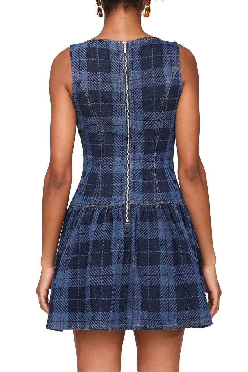 Avec Les Filles Plaid Drop Waist Denim Dress Blue Multi L NWT $108