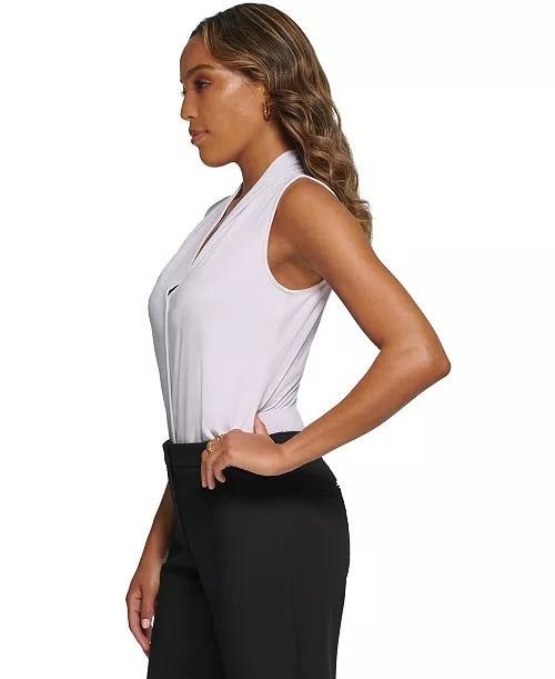 Calvin Klein Gathered V‑Neck Sleeveless Top White Hidden Buttons Size S NWT $49