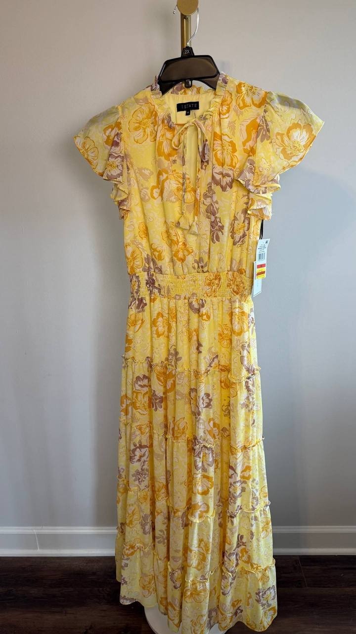 1.STATE Tiered Floral Flutter‑Sleeve Maxi Dress Lemon Meringue XS NWT $139