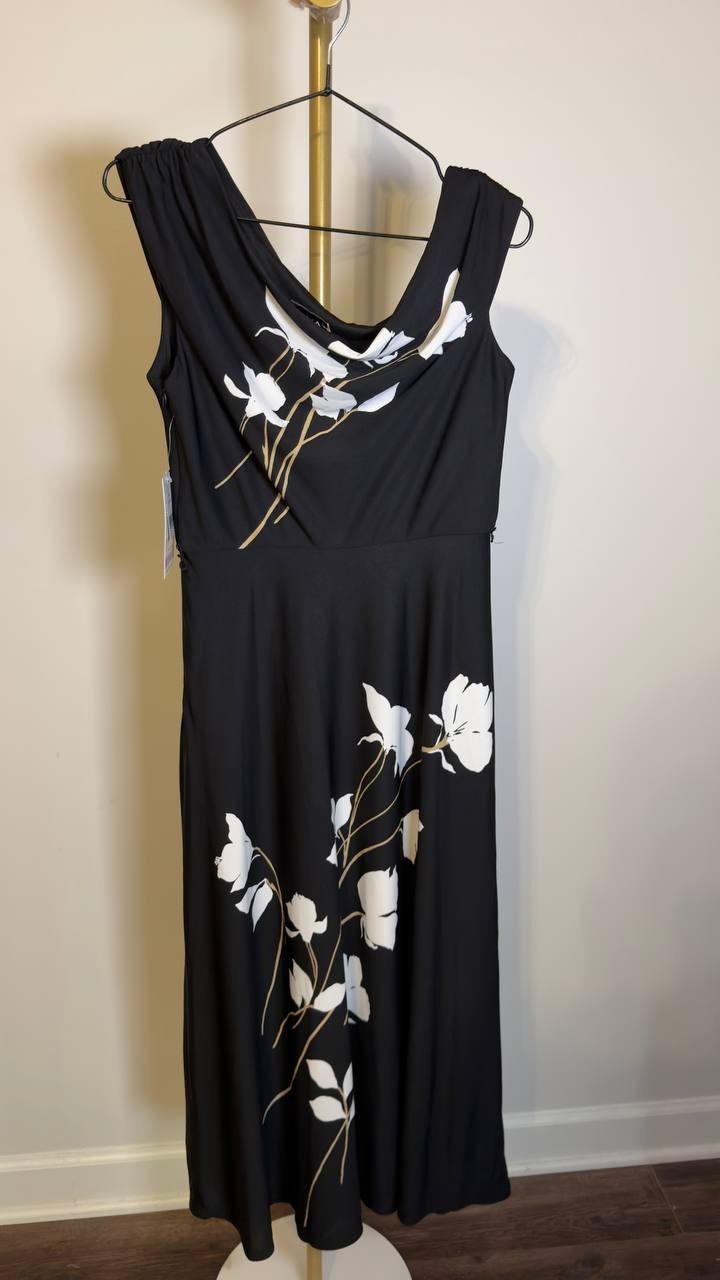 Taylor Women’s Belted Off‑The‑Shoulder Dress Black Floral 6 NWT $138
