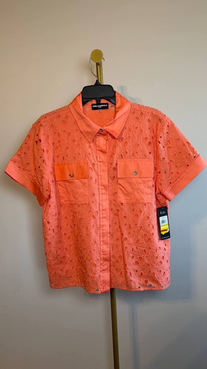 Karl Lagerfeld Paris Eyelet Cotton Shirt Red M NWT $129