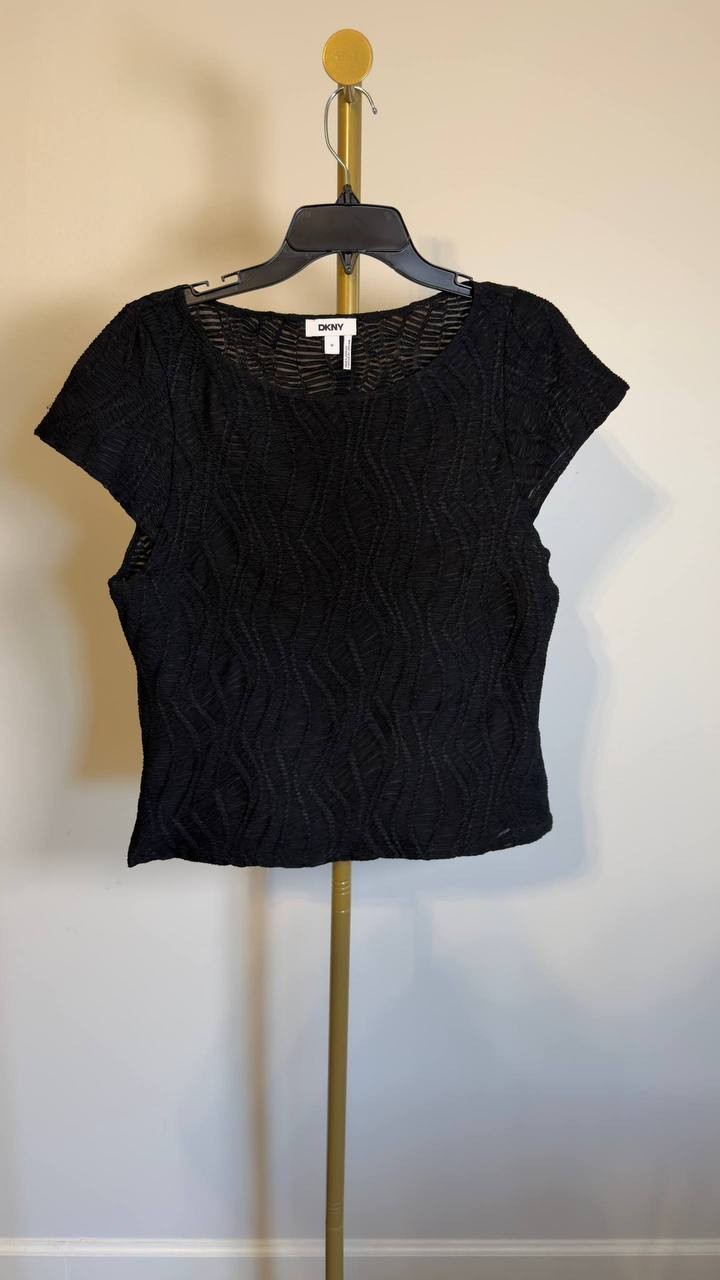 DKNY Texture Knit Top Boat Neck Short Sleeve Black M NWT $69