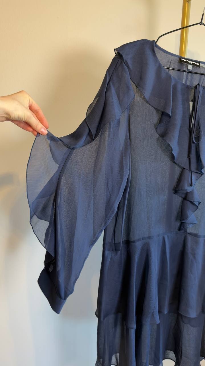 Karl Lagerfeld Paris Layered Ruffle Navy Tie Neck Dress Size 10 NWT