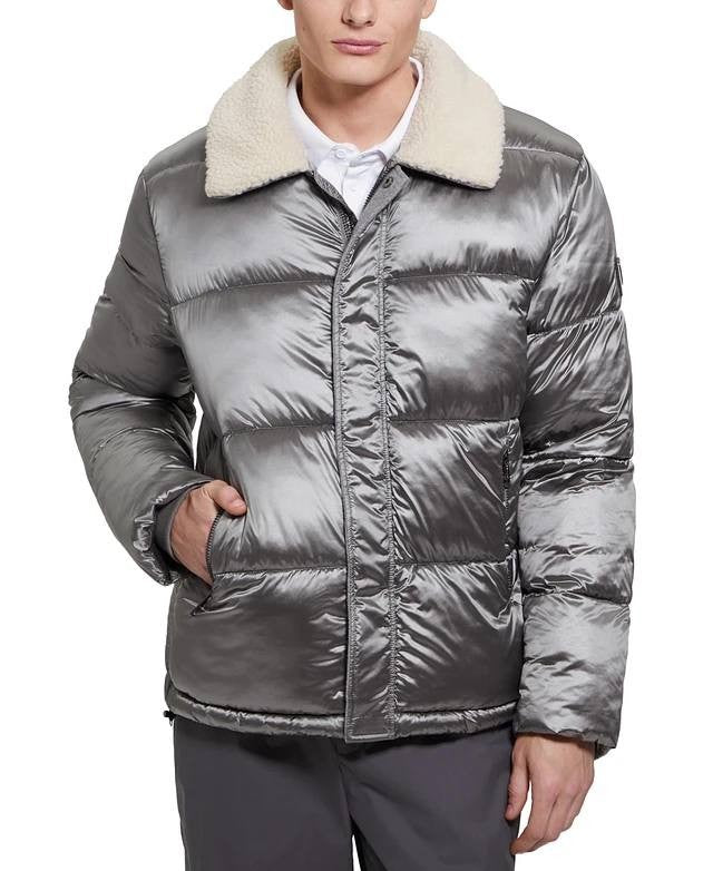 GUESS Men’s Puffer Jacket Sherpa Collar Silver Soiled M NWT $250