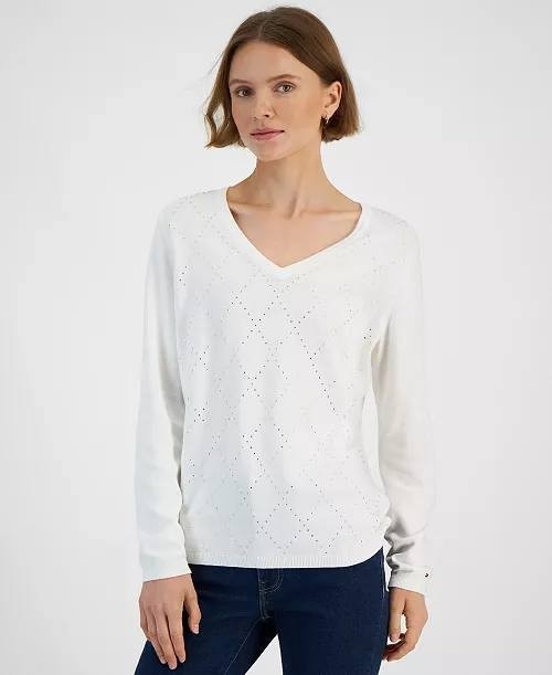 Tommy Hilfiger Rhinestone Argyle V‑Neck Sweater Ivory S NWT $69.60