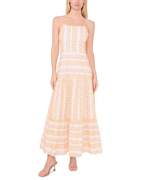 CeCe L'Amour Maxi Dress Orange Embroidered Floral Apron-Neck Size 6 NWT