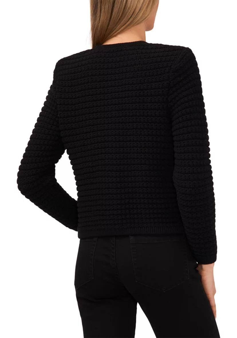 CeCe Texture Cardigan Black Crewneck Patch Pockets SizeXL NWT$119 button missing