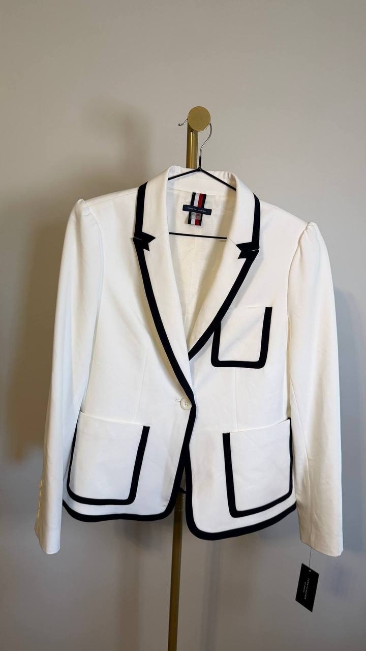 Tommy Hilfiger Women’s Contrast-Trim Puff-Sleeve Jacket White Black 12 $159 NWT