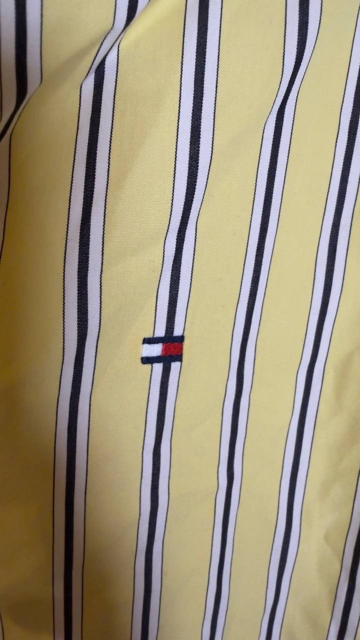 Tommy Hilfiger Boxy Cotton Shirt Licorice Stripe Citronella 38 NWOT $79.50