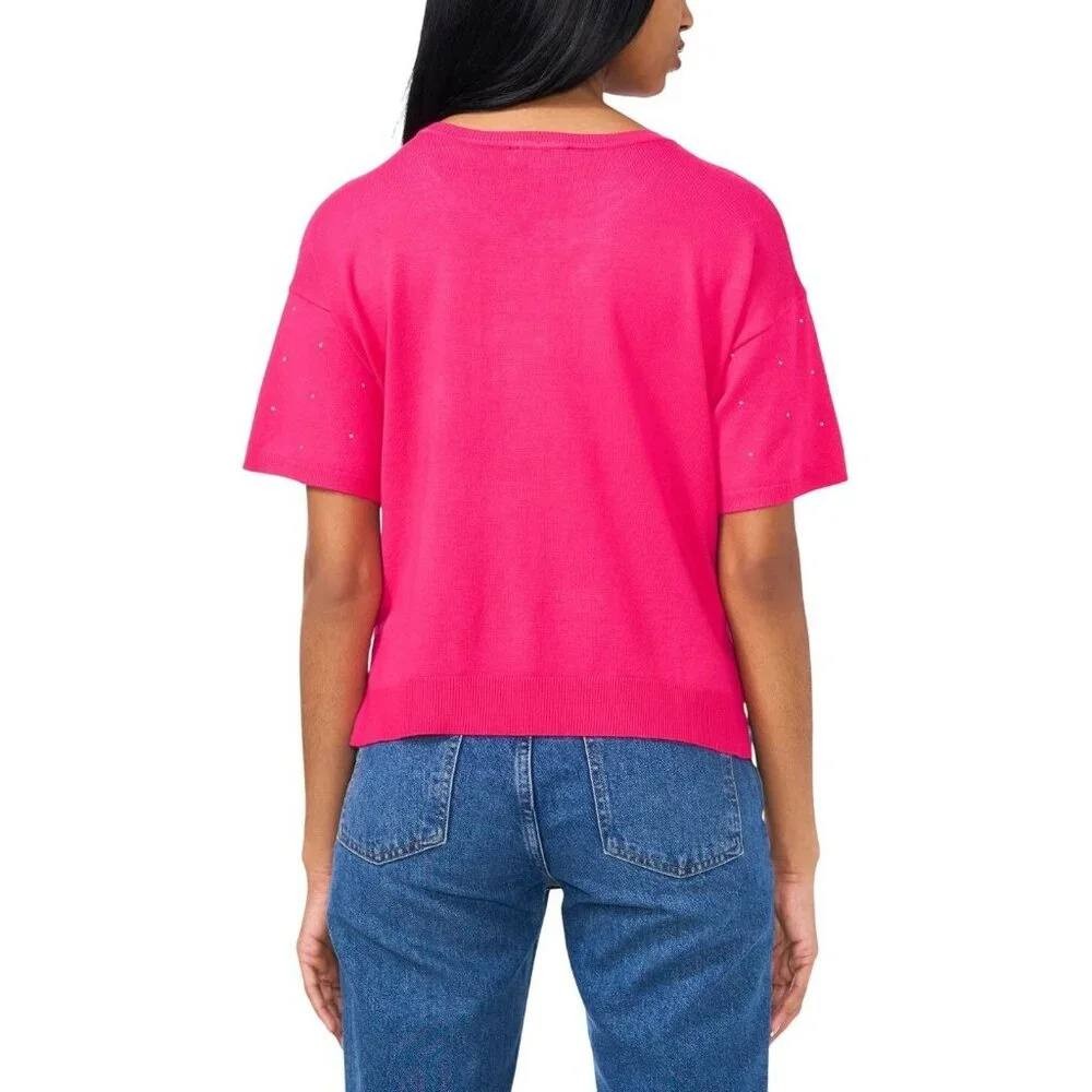 Sam & Jess Short‑Sleeve Embellished Sweater Electric Pink XS NWT $59