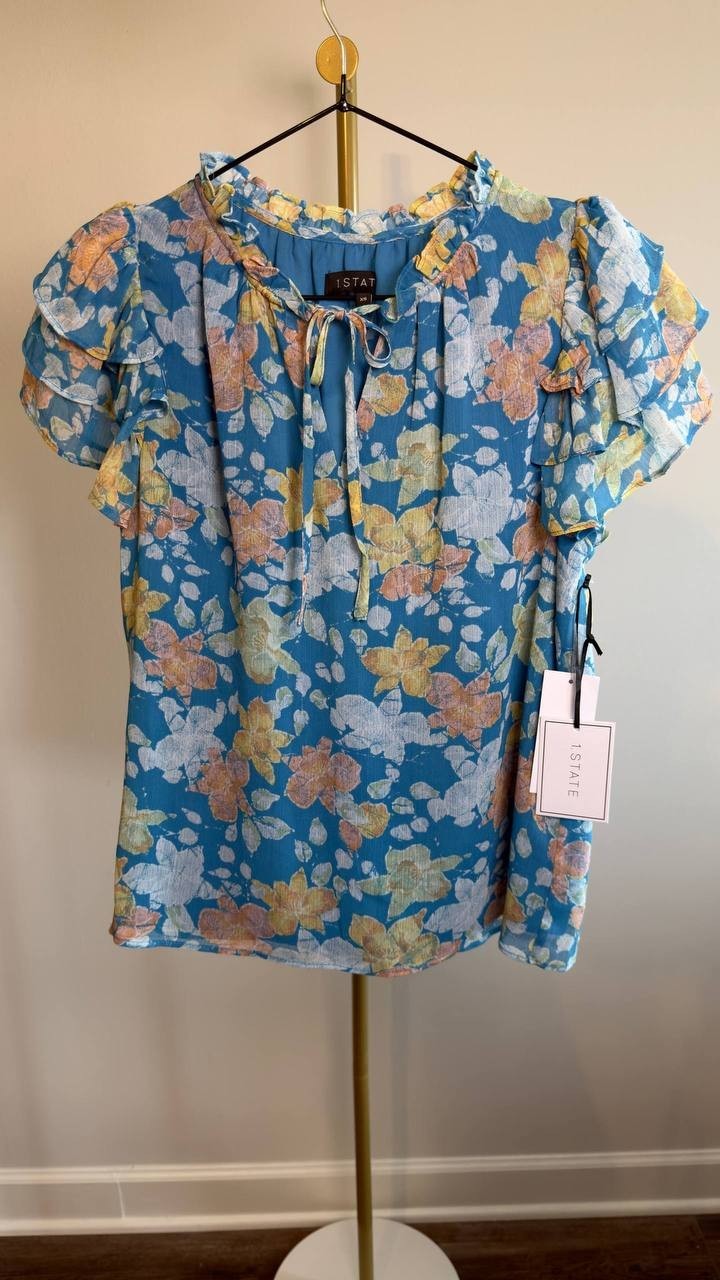 1.STATE Floral Tie‑Neck Short Flutter‑Sleeve Blouse Blue XS NWT $79